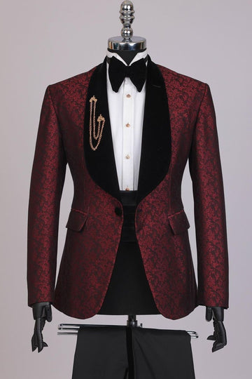 Crisp Burgundy Jacquard Velvet Shawl Lapel Prom Suit Wedding Tuxedo