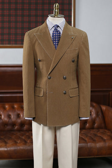 Retro Gentlemen Brown Denim Washed Double Breasted Blazer Coat (No Pants)