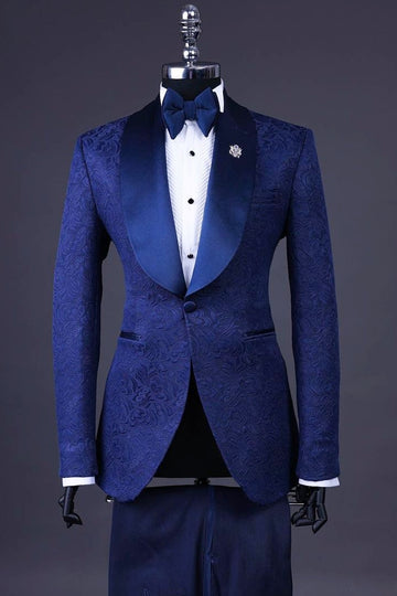 Luxurious Navy Blue Jacquard Satin Shawl Lapel Prom Suit Wedding Tuxedo