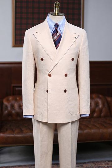 Slim Fit Light Khaki Double Breasted Summer Linen Suit