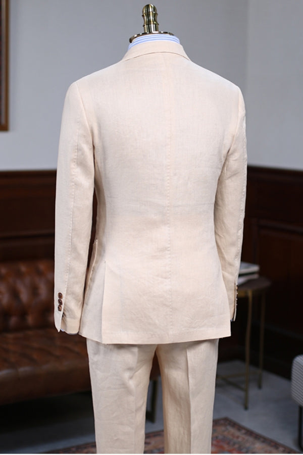 Slim Fit Light Khaki Double Breasted Summer Linen Suit