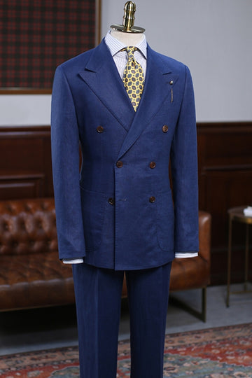 Cozy Royal Blue Double Breasted Linen Suit for Summer Business