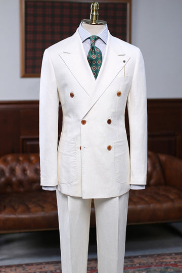 Popular Double Breasted Soft White Summer Linen Suit with Patch Pockets