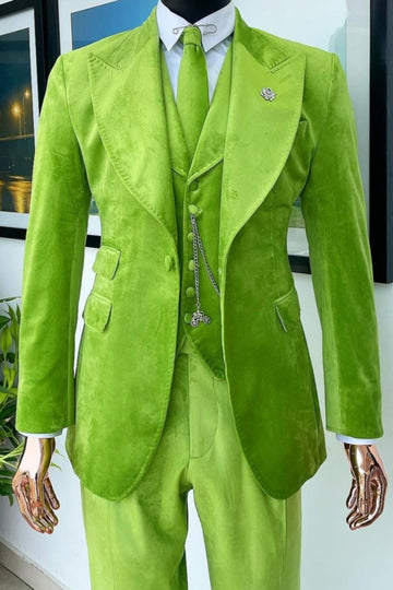 Latest Fluorescent Green 3 Piece Peaked Lapel Velvet Men's Prom Suit
