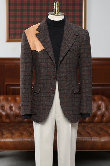 Retro Dark Brown Tweed Plaid Blazer for Men with Suede Patches (No Pants)
