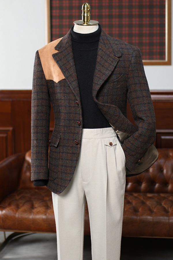 Retro Dark Brown Tweed Plaid Blazer for Men with Suede Patches (No Pants)
