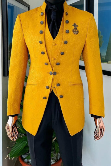 Vintage Stand Collar Gold Jacquard 3 Piece Prom Formal Suit for Banquet