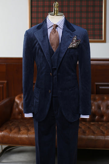 3 Piece Winter Navy Blue Corduroy Suit for Men with Waistcoat