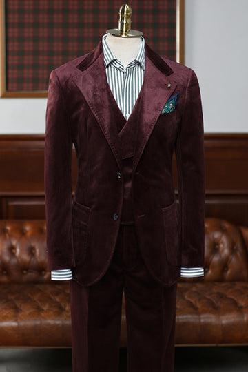 Fashion 3 Piece Burgundy Corduroy Men's Suit with Waistcoat for Winter