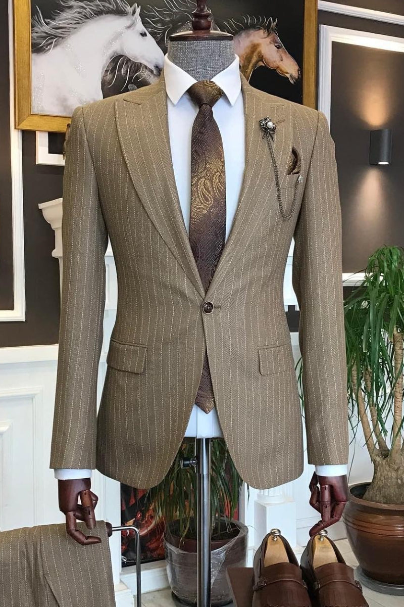 Vintage Light Brown One Button Peaked Lapel Pinstripe Formal Suit for Business