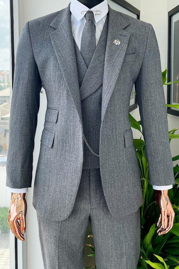 Elegant Gray Pinstripe 3 Piece Men's Business Formal Suit with Flap Pockets