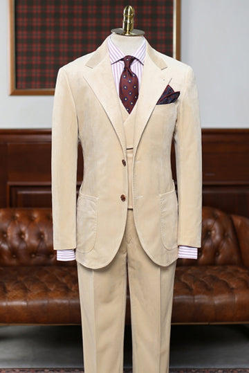 Gentlemen Notched Lapel 3 Piece Khaki Corduroy Business Suit with Waistcoat