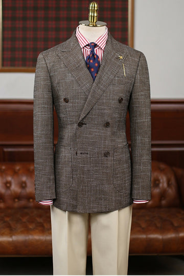 Brown Random Pattern Double Breasted Peaked Lapel Retro Blazer (No Pants)