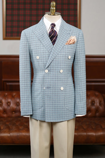 Stylish Woven Blue Plaid Double Breasted Men's Blazer for Business (No Pants)