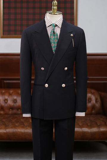 Italian Style Black Wool Double Breasted Men's Business Suit