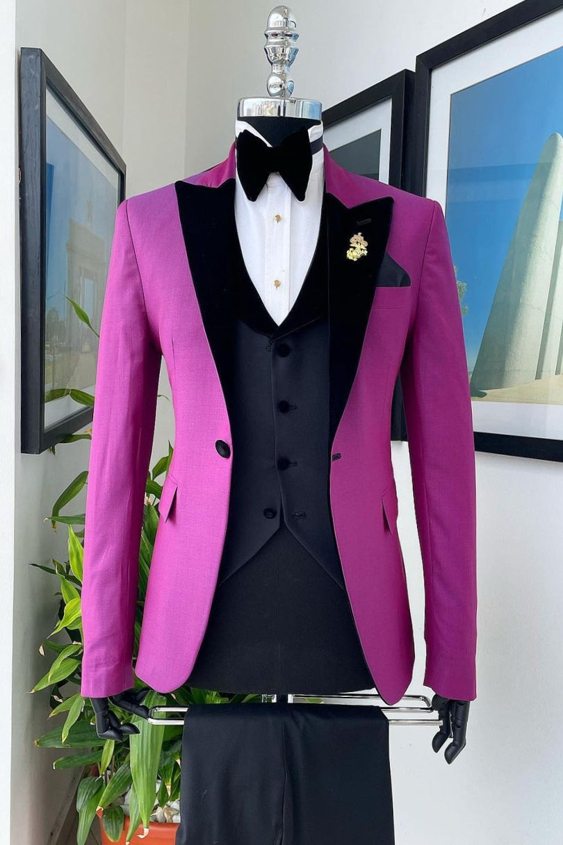 Exquisitely Tailored 3 Piece Spliced Fuchsia Men's Formal Suit