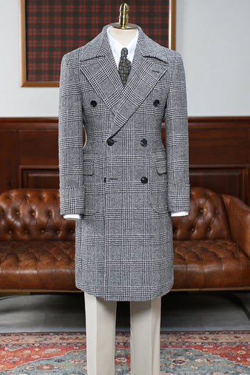 Classic Gray Plaid Double Breasted Long Wool Men's Overcoat
