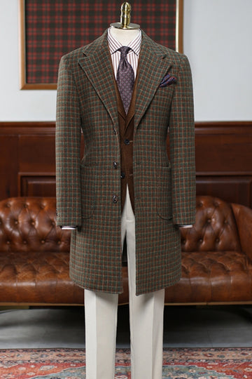 Thickened Single Breasted Retro Plaid Brown Wool Overcoat for Winter