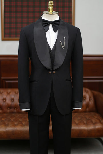 Classic Shawl Lapel 3 Piece Black Men's Wedding Suit with Satin