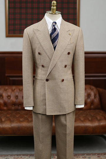 British Retro Peaked Lapel Double Breasted Wool Business Suit for Men