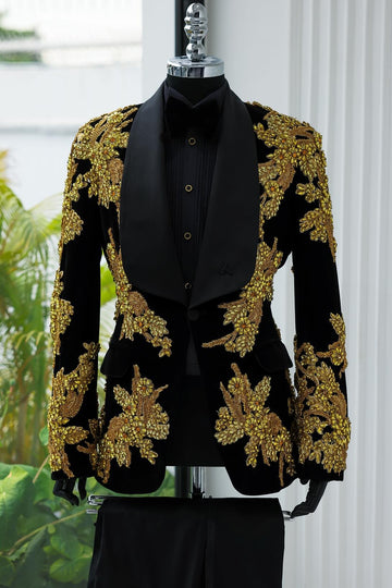 Gorgeous Full Gold Crystal Appliqués Black 2 Piece Prom Wedding Suits