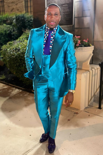 Bling Blue 3 Pieces Peak Lapel Best Fitted Prom Men Suit