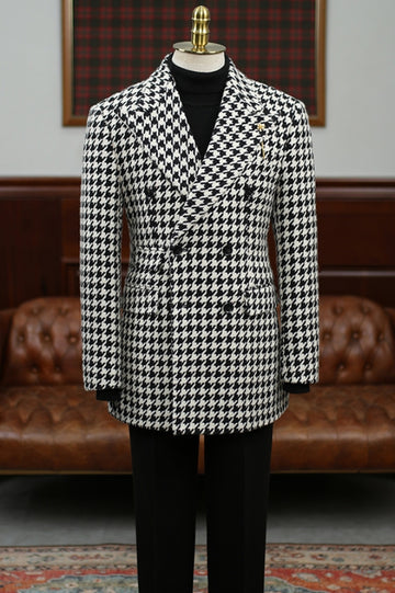 Slim Fit Woven Houndstooth Peaked Lapel Double Breasted Men's Blazer (No Pants)