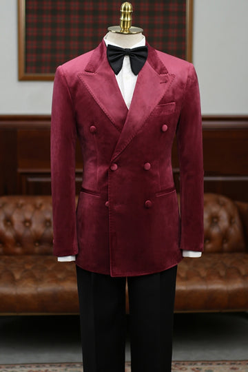 Trendy Burgundy Velvet Double Breasted Men's Banquet Wedding Blazer (No Pants)
