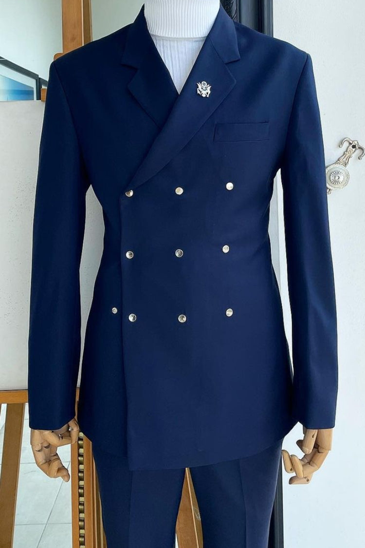 Unique Navy Blue Triple Snaps 2 Piece Men's Business Suit