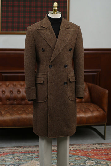 Appropriate Brown Herringbone Double Breasted Wool Tweed Men's Overcoat