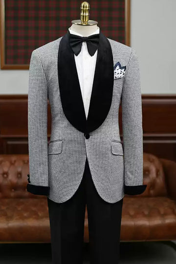 Black-and-white Small Plaid One Button Velvet Lapel Men's Formal Suit