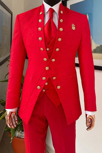 Bright Red Stand Collar Jacquard 3 Piece Prom Formal Suit for Banquet