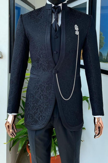 Retro Stand Collar Black Jacquard 3 Piece Prom Black-Tie Event Suit