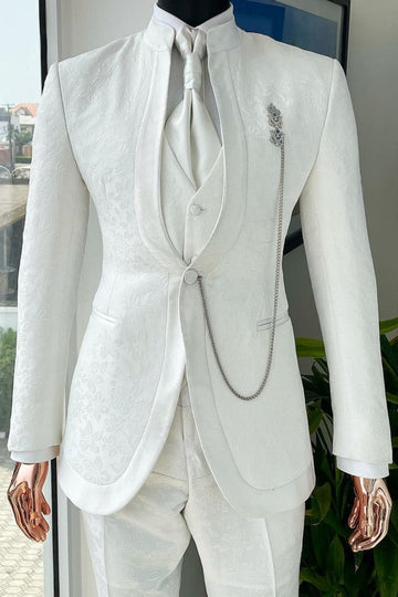Vintage Stand Collar White Jacquard 3 Piece Prom Black-Tie Event Suit