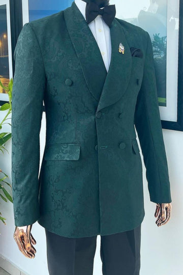 Stylish Dark Green Jacquard Double Breasted Prom Suit Wedding Tuxedo