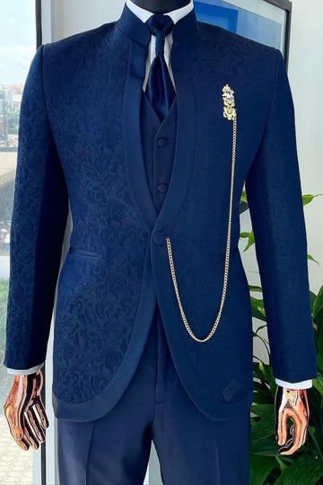 Navy Blue Stand Collar Jacquard 3 Piece Business Suit for Formal