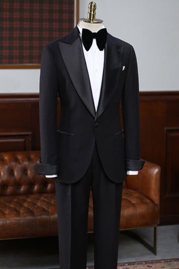 Trendy Black Bespoke Slim Fit Men Suit with Silk Lapel