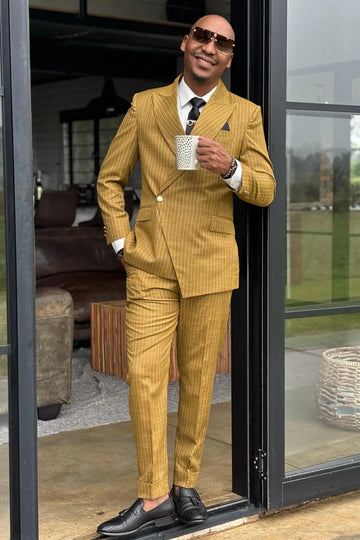 Yellow Striped Peak Lapel One Button Men Suit