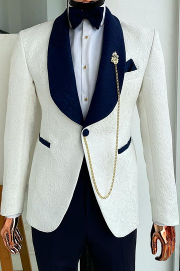 Classic White Jacquard Wedding Navy Blue Lapel Groom Suit with Black Pants