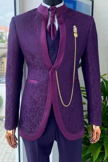 Purple Stand Collar Jacquard 3 Piece Formal Men's Suit