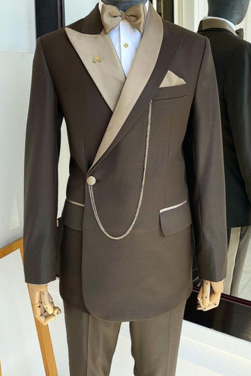 Exquisite Double Lapel Side One Button Coffee Brown Men's Business Suit