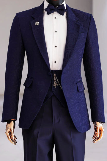 Popular Matte Navy Blue Jacquard 2 Piece Men's Wedding Tuxedo Prom Suit