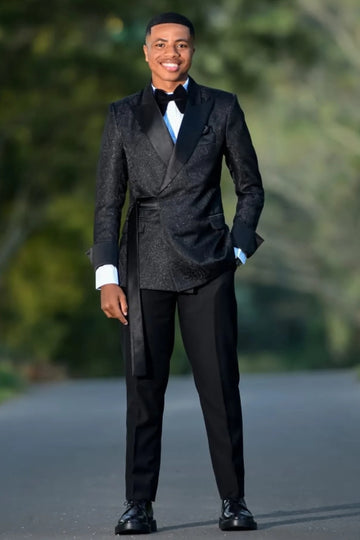 Fashion Black Jacquard Slim Fit Men Suits with Silk Lapel