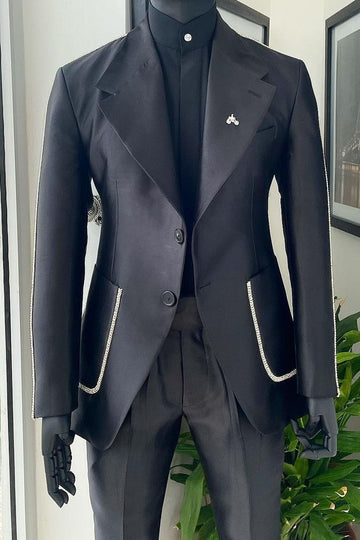 Avant-garde Black Notched Lapel Prom Suit with Silver Seam Banding
