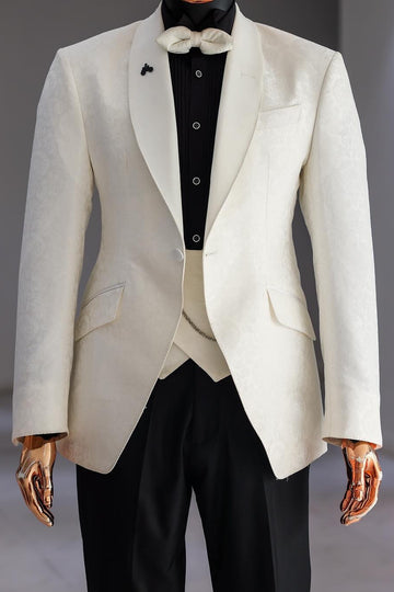 Well-fitted 3 Piece White Jacquard Wedding Suit for Groom with Black Pants