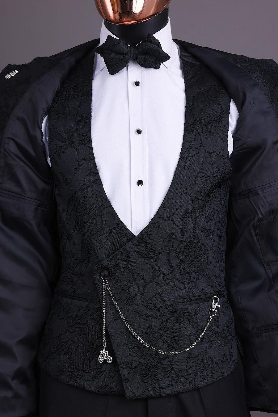 Exquisite 3 Piece Black Jacquard Wedding Suit for Groom