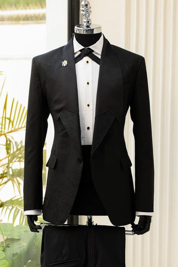 Special Design Black Jacquard Prom Suit Spliced Inverted Lapel Business Suit