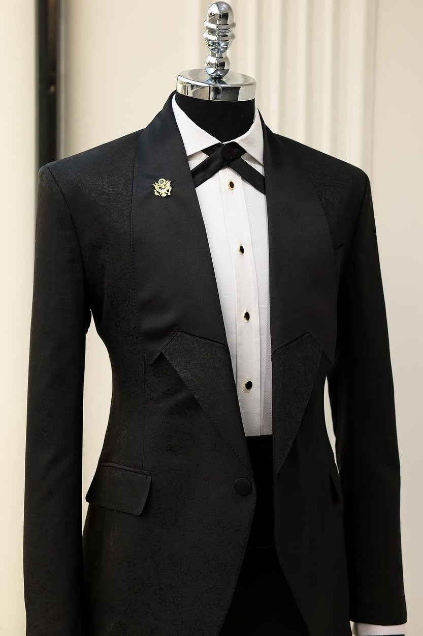 Special Design Black Jacquard Prom Suit Spliced Inverted Lapel Business Suit