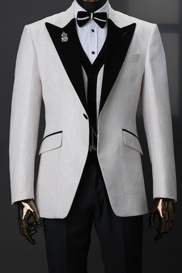 3 Piece White Jacquard Black Lapel Wedding Suit Tuxedo with Waistcoat