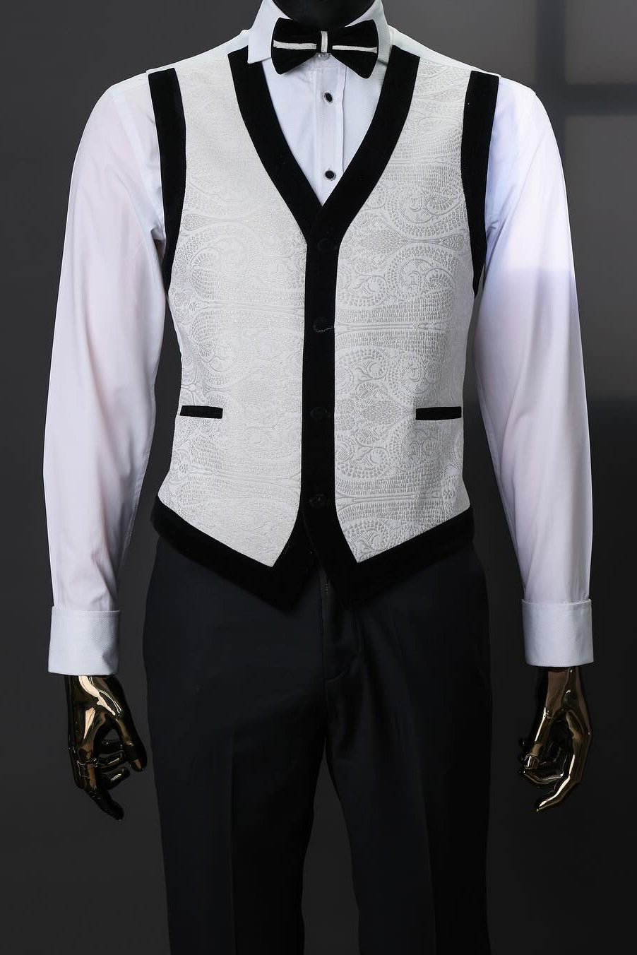 3 Piece White Jacquard Black Lapel Wedding Suit Tuxedo with Waistcoat